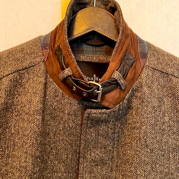 Cole Haan Car Coat Dark Brown Herringbone, Lambskin Trim - Picture 5 of 14